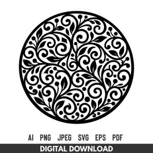 May include: Black circular design featuring an intricate floral pattern with leaves, berries, and swirling vines. The design is enclosed within a thick border. The bottom of the image includes the text "DIGITAL DOWNLOAD" and file type abbreviations.