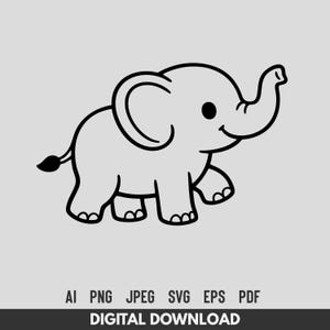 Kawaii Elephant SVG Cute Baby Elephant Line Art Cut File for Cricut Silhouette