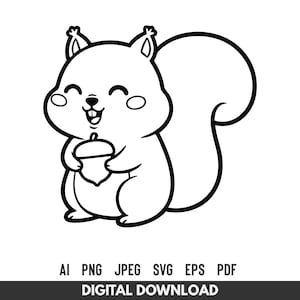 May include: A black and white cartoon illustration of a smiling squirrel holding an acorn. The squirrel has a large, fluffy tail and is outlined in thick black lines. The image includes the text "AI PNG JPEG SVG EPS PDF DIGITAL DOWNLOAD".
