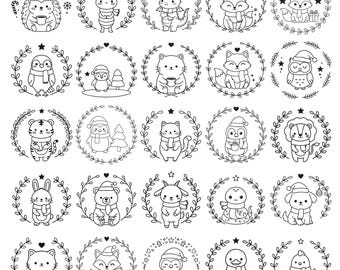 Süße Weihnachtstiere PNG-Bundle, Kawaii Tier SVG-Set, Weihnachten Linie Art Clipart, süße Winter Tiere Png, Cricut Schnitt Dateien, Sofort Download