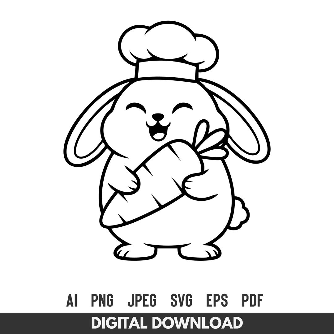 Cute Bunny Chef SVG | Happy Rabbit Cooking Line Art Cut File for Cricut ...