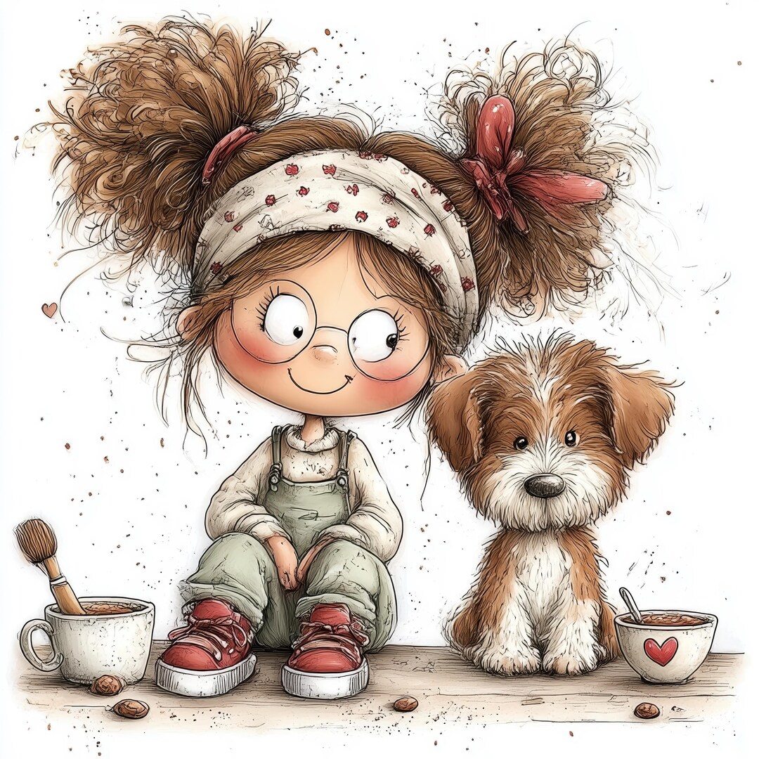 Girl and Dog Clipart Bundle – 26 JPG Watercolor Girl With Puppy ...