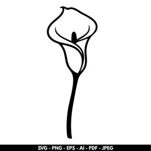 May include: A black and white line drawing of a calla lily. The flower has a curved, trumpet-like shape with a dark center and a long, slender stem. The image is a vector graphic, as indicated by the text at the bottom.