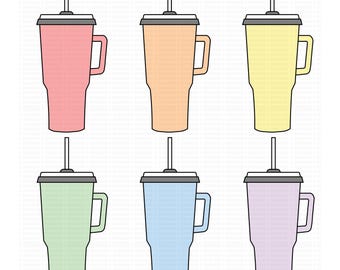 Paquete SVG inspirado en la Copa Stanley, clipart de vaso Quencher, PNG de taza linda, SVG de vasos, calcomanía estética para vaso, archivos de corte de Cricut