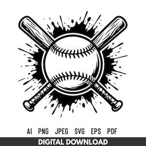 May include: Black and white baseball graphic with a baseball and two crossed bats. The baseball is in the center, with the bats behind it. The words "DIGITAL DOWNLOAD" are at the bottom.
