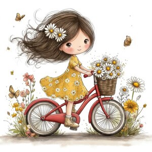 以下が含まれることがあります： 赤い自転車に乗った女の子のイラスト。白いデイジー模様の黄色いドレスを着て、髪にはデイジーが飾られています。自転車にはデイジーがいっぱいのバスケットがあり、蝶が舞っています。