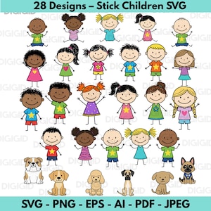 28 Stick Children SVG Bundle | Stick Kids Boy Girl Family People Cricut Cut Files | School Kids Clipart PNG Sublimation Cute Stickman