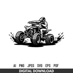 Pode incluir: Ilustração a preto e branco de uma pessoa a andar de ATV. O ATV tem pneus grandes e com cravos e está a levantar água ou lama. O condutor está a usar um capacete. A imagem inclui o texto "DOWNLOAD DIGITAL".