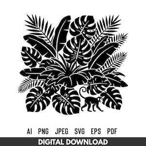 May include: Black and white digital illustration of tropical leaves and a monkey. The design features various leaf shapes, including large monstera leaves and palm fronds, arranged in a dense, layered composition. A small monkey is depicted on the right side. The bottom banner reads "DIGITAL DOWNLOAD".