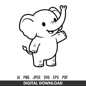 May include: A black and white cartoon illustration of a smiling elephant waving its trunk and arm. The elephant has large ears and a small tail. The image includes the text "DIGITAL DOWNLOAD" and file type options.