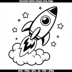 Puede incluir: Ilustración en blanco y negro de un cohete despegando, rodeado de estrellas. El cohete tiene una gran ventana circular y aletas. El texto "ROCKET WITH STARS SVG PNG" está en la parte superior de la imagen.