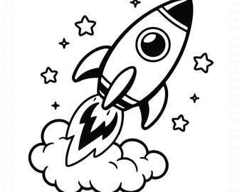 Rocket With Stars SVG | Space Rocket Ship Line Art Cricut Cut File | Boys Nursery Astronaut Sublimation PNG Design
