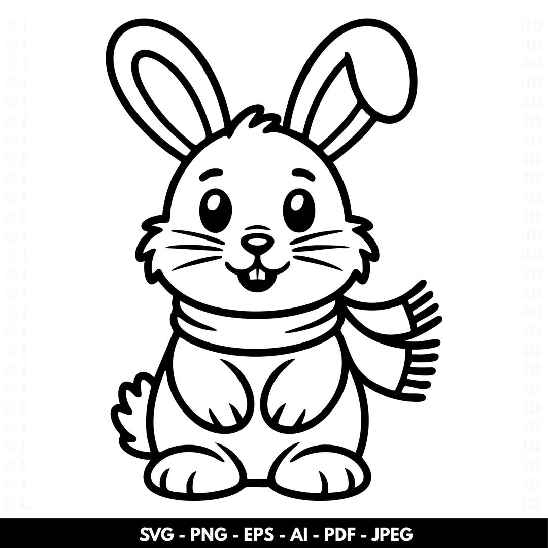 Cute Bunny With Scarf SVG Png | Winter Bunny Line Art SVG PNG | Rabbit ...