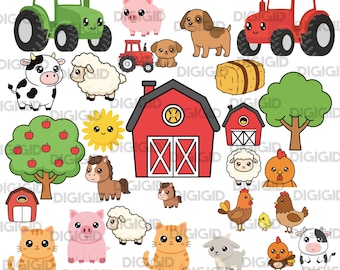 Paquete de 28 archivos SVG de animales de granja / Vaca, cerdo, oveja, caballo, lindos archivos de corte Cricut / Granero, tractor, niños, imágenes prediseñadas PNG para sublimación láser