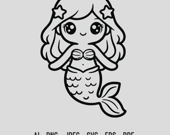 Kawaii sjöjungfru SVG söt under havet linjeteckning – Klippfil för Cricut och Silhouette