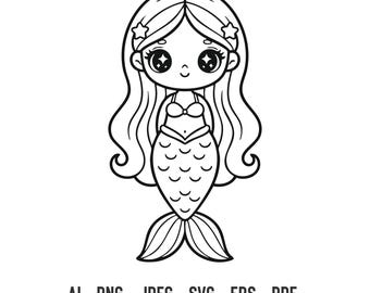 Cute Mermaid SVG Cut File | Kawaii Line Art Design for Cricut Silhouette | Mermaid Birthday Clipart Sublimation PNG Ocean