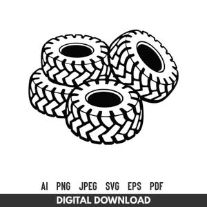 May include: Black and white illustration of four tractor tires. The tires are stacked together, with a detailed tread pattern. The image includes the text "AI PNG JPEG SVG EPS PDF DIGITAL DOWNLOAD".