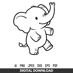 May include: A black and white cartoon elephant illustration with its trunk raised. The elephant is walking with one leg raised. The image includes file type options: AI, PNG, JPEG, SVG, EPS, and PDF. The words "DIGITAL DOWNLOAD" are at the bottom.