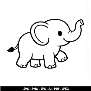 May include: A black and white cartoon illustration of a smiling elephant with large ears, a curled trunk, and a small tail. The elephant is walking, with its legs in motion. The image includes the text "SVG - PNG - EPS - AI - PDF - JPEG".