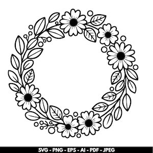 Può includere: Un design di ghirlanda floreale in bianco e nero. La ghirlanda circolare presenta fiori, foglie e bacche stilizzate. Adatto a vari progetti artigianali, il design è disponibile nei formati SVG, PNG, EPS, AI, PDF e JPEG.