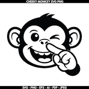 May include: A black and white graphic of a cartoon monkey winking and touching its nose with a gloved finger. The monkey has a large smile and the text "CHEEKY MONKEY SVG PNG" is at the top. Below the monkey is the text "SVG - PNG - EPS - AI - PDF - JPEG".