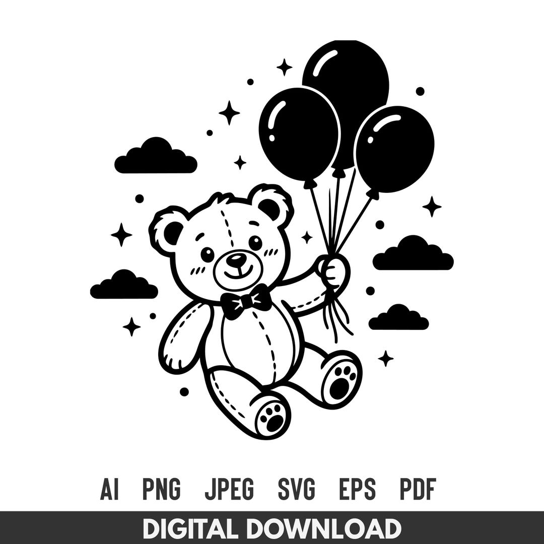 Cute Teddy Bear With Balloons SVG: Kawaii Baby Shower Nursery Design ...