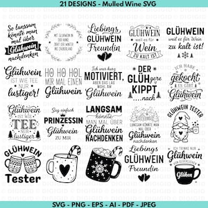 May include: A collection of 21 black and white designs related to mulled wine, including text-based graphics with phrases like "Glühwein" and decorative elements such as mugs, hearts, and snowflakes. The designs are available in SVG, PNG, EPS, AI, PDF, and JPEG formats.