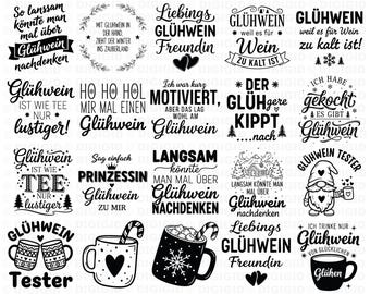 May include: A collection of 21 black and white designs related to mulled wine, including text-based graphics with phrases like "Glühwein" and decorative elements such as mugs, hearts, and snowflakes. The designs are available in SVG, PNG, EPS, AI, PDF, and JPEG formats.