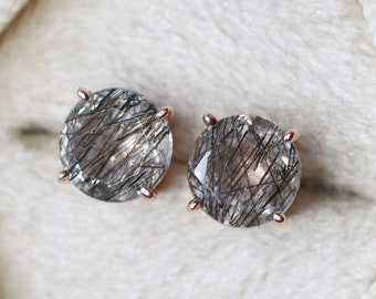 Black Rutilated Quartz Earrings, Tourmalinated Quartz Earrings, Stud Earrings, 7mm Round Faceted Stud Earrings, Quartz Crystal Earrings
