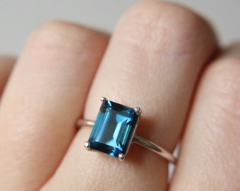 9x7 Emerald Cut London Blue Topaz Solitaire Ring, London Blue Topaz Engagement Ring, Something Blue, November Birthstone, 14k Solid Gold