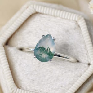 Moss Agate Solitaire Ring - 9x7 Pear Cut, 14k Gold or Sterling Silver