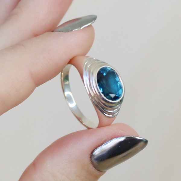 Pond Ring with London Blue Topaz, Sculptural Signet Ring, Bezel Set Blue Topaz Statement Ring, Men's Signet Ring, Men's Engagement Ring