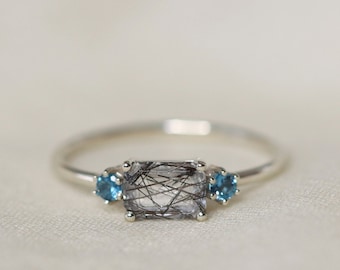 Emerald Trilogy Ring with Tourmalinated Quartz and London Blue Topaz