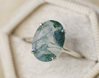 14x10 Oval Faceted Moss Agate Solitaire Ring
