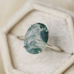 14x10 Oval Moss Agate Solitaire Ring, Faceted Moss Agate Engagement Ring, Green Moss Agate, Solid 14k Gold, Sterling Silver, Cocktail Ring