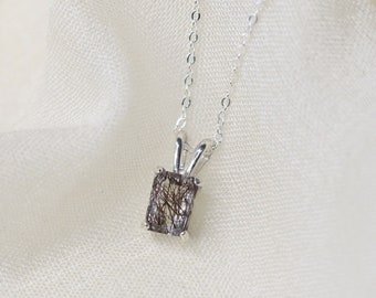 Black Rutilated Quartz Necklace, Tourmalinated Quartz Necklace, 7x5 Faceted Emerald Cut Necklace, Quartz Crystal Necklace, Gemstone Jewelry