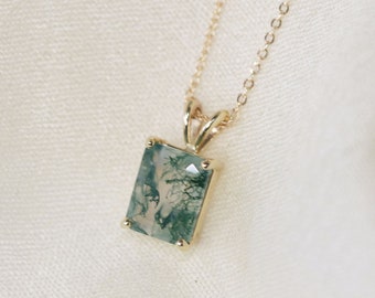 Moss Agate Necklace, 9x7 Emerald Cut Moss Agate Necklace, Moss Agate Pendant, Unique Gemstone Jewelry, Nature Inspired, Green Agate Necklace