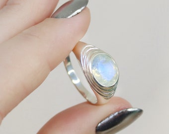 Pond Ring with Rainbow Moonstone, Sculptural Signet Ring, Bezel Set Moonstone Statement Ring, Men's Signet Ring, Men's Engagement Ring