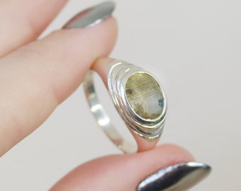 Pond Ring with Golden Rutilated Quartz, Sculptural Signet Ring, Bezel Set Quartz Statement Ring, Men's Signet Ring, Men's Engagement Ring