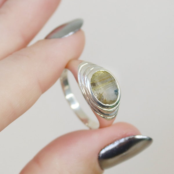 Pond Ring with Golden Rutilated Quartz, Sculptural Signet Ring, Bezel Set Quartz Statement Ring, Men's Signet Ring, Men's Engagement Ring