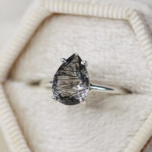 10x7 Pear Tourmalinated Quartz Solitaire Ring, Pear Cut Black Rutilated Quartz Ring, Black Rutilated Quartz Engagement Ring, 14k Gold Silver