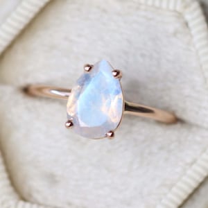 10x7 Pear Cut Moonstone Solitaire Ring, Faceted Moonstone Engagement Ring, Teardrop Shape, June Birthstone, 4 Prong, 14k Solid Gold Silver