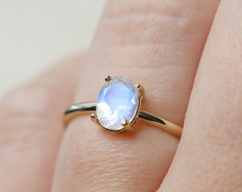 7x5 Oval Moonstone Solitaire Ring, Faceted Rainbow Moonstone Engagement Ring, June Birthstone, 14k Solid Gold Sterling Silver Something Blue