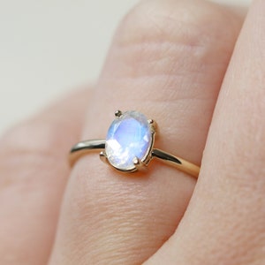 7x5 Oval Moonstone Solitaire Ring, Faceted Rainbow Moonstone Engagement Ring, June Birthstone, 14k Solid Gold Sterling Silver Something Blue image 1