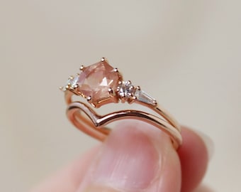 The Huntington Ring Bridal Set in Oregon Sunstone, Oregon Sunstone Engagement Ring Set, Hexagon Engagement Ring, Chevron Wedding Band