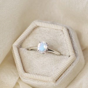 7x5 Oval Moonstone Solitaire Ring, Faceted Rainbow Moonstone Engagement Ring, June Birthstone, 14k Solid Gold Sterling Silver Something Blue image 10