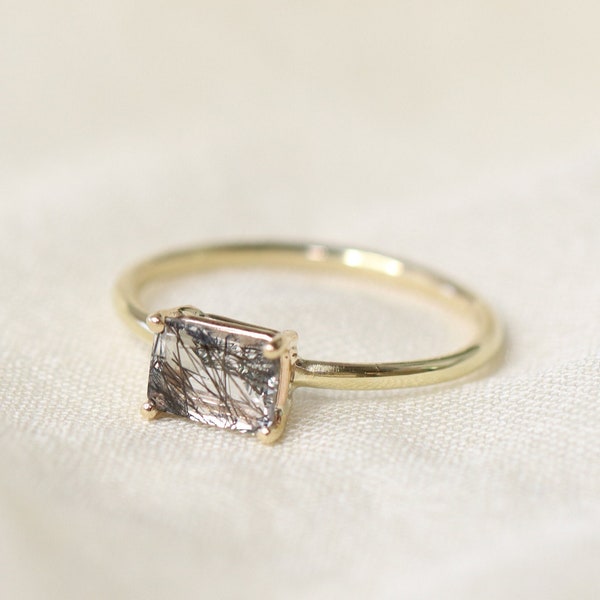 7x5 Emerald Cut Tourmalinated Quartz Solitaire Ring, Black Rutilated Quartz Engagement Ring, East West Setting, 14k Solid Gold, 925 Silver