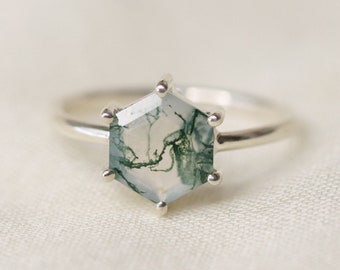 8mm Hexagon Moss Agate Solitaire Ring