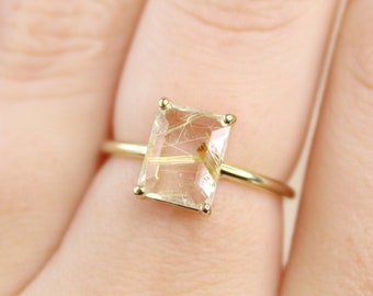 9x7 Emerald Cut Golden Rutilated Quartz Ring