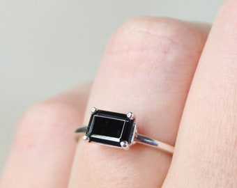 7x5 Emerald Cut Black Spinel Solitaire Ring